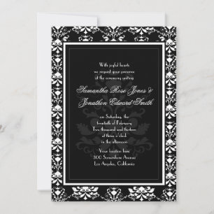 Black with White Damask Elegant Wedding Invitation