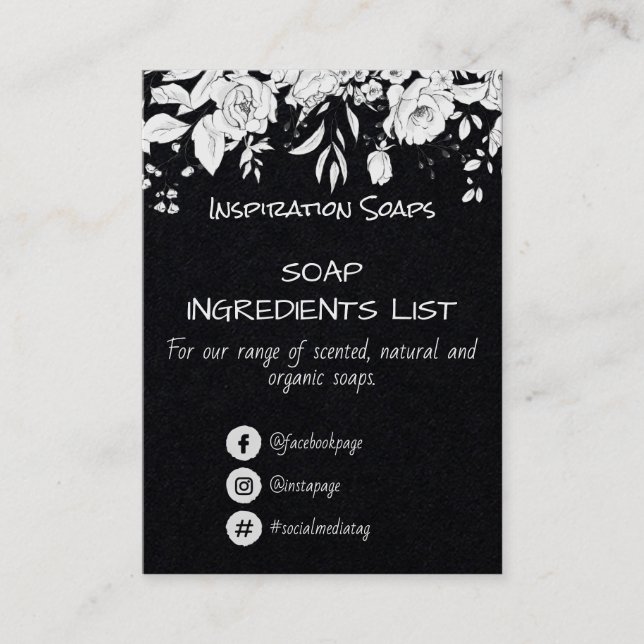 Black With White Flower Soap Fragrance Ingredients Business Card (Front)