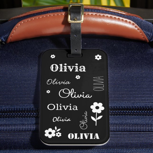 Black with White Flowers, Customized Luggage Tag (Front Insitu 2)