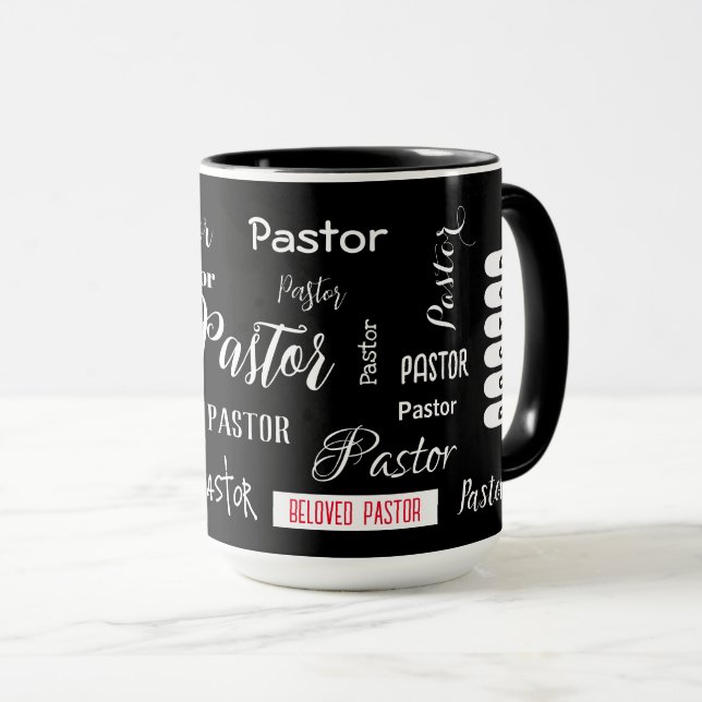 Black with White Font Beloved Pastor Signature Mug (Front Right)