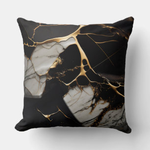 Black with White Marble and Gold Abstract Throw Pillow