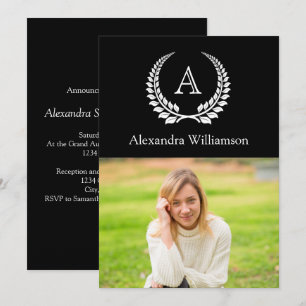 Black with White Monogram Laurel Photo Graduation Invitation