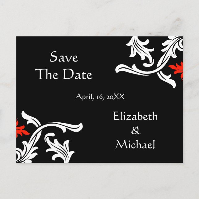 Black with White, Red Damask Wedding Save The Date Announcement Postcard (Front)