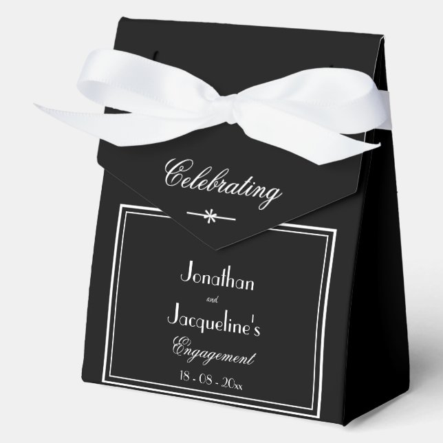 Black with White Script Names Engagement Party Favor Box (Front)