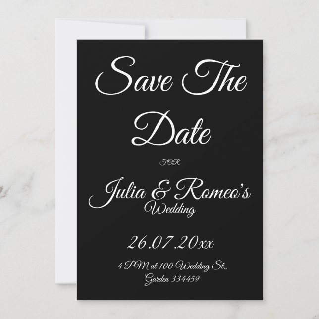 Black with White Script Save The Date Card  (Front)