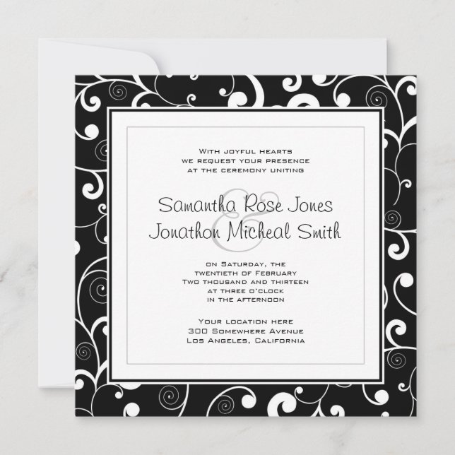 Black with White Scroll Square Wedding Invitation (Front)