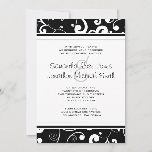 Black with White Scroll Wedding Invitation (Front)