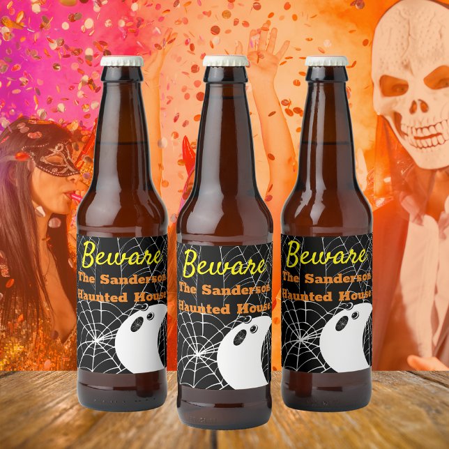 Black with White Spider Webs and cute Modern Ghost Beer Bottle Label (Creator Uploaded)