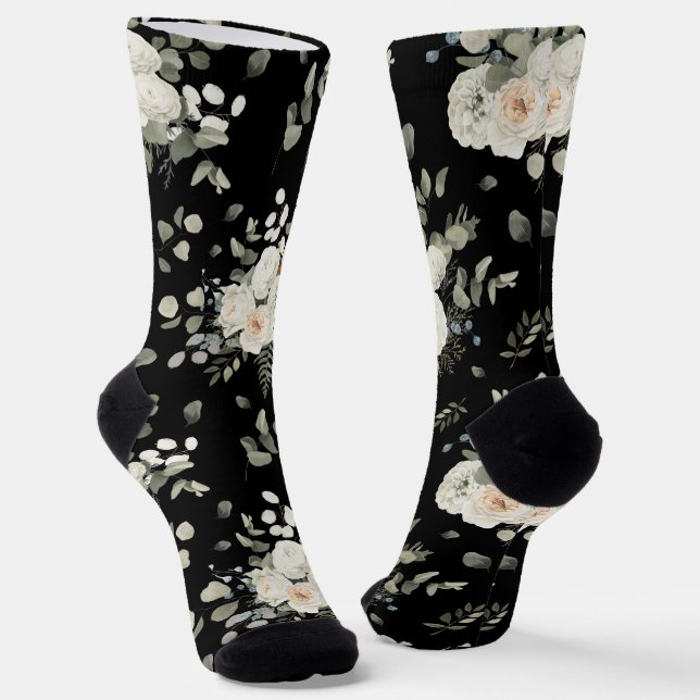 Black with White Wedding Floral Bouquet Pattern Socks (Angled)