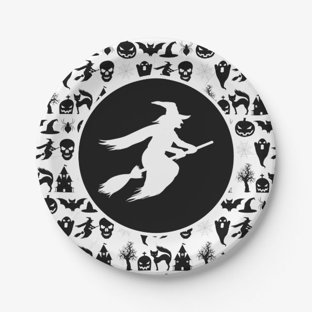 Black with White Witch Halloween Paper Plate (Front)