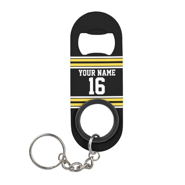Black with Yellow White Stripes Team Jersey Keychain Bottle Opener (Front)