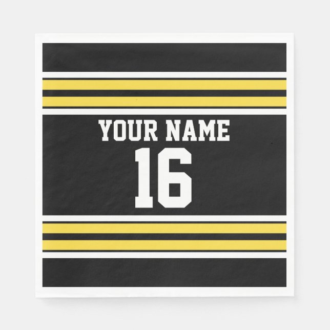 Black with Yellow White Stripes Team Jersey Napkin (Front)