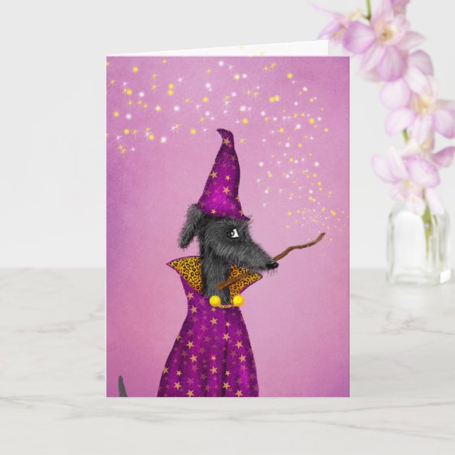 Black wizard dog birthday card (Orchid)