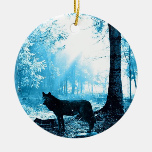 Black Wolf Alone in the Forest Ceramic Ornament (Front)