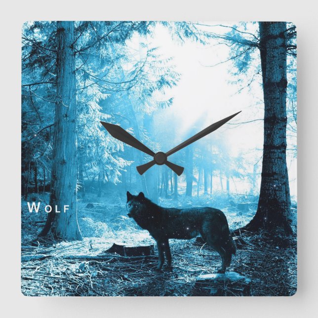 Black Wolf Alone in the Forest Square Wall Clock (Front)
