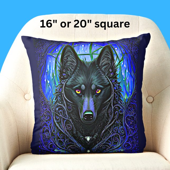 Black Wolf Dog on Blue  Throw Pillow (Creator Uploaded)