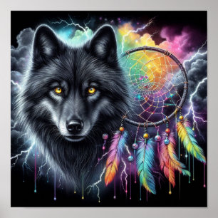 Black Wolf Dreamcatcher Mystical Cosmic Wildlife Poster