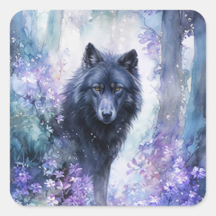 Black Wolf in Mystical Purple Watercolor Forest Square Sticker