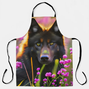 black wolf in pink flowers apron