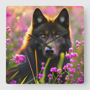 black wolf in pink flowers square wall clock