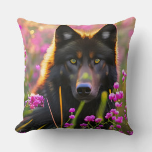Black wolf in pink flowers throw pillow