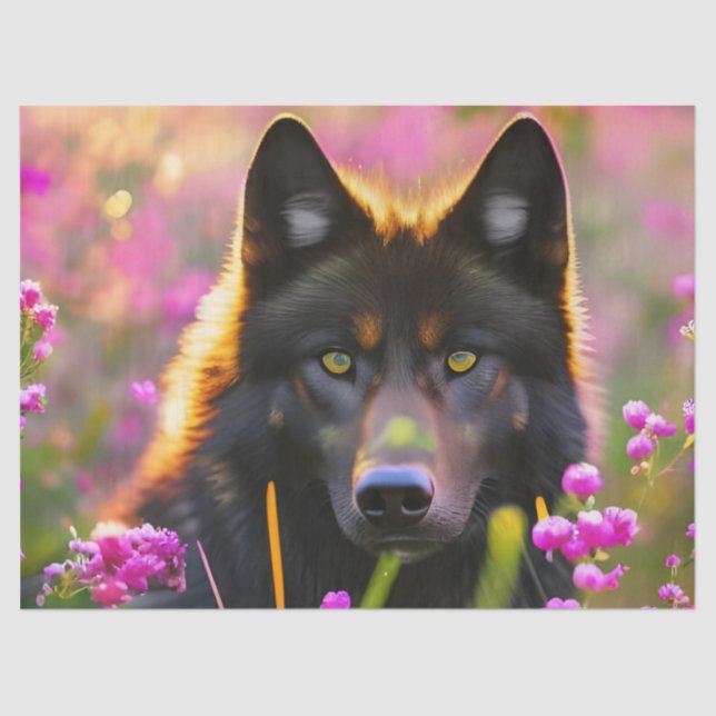 Black wolf in pink flowers  tissue paper (Front)
