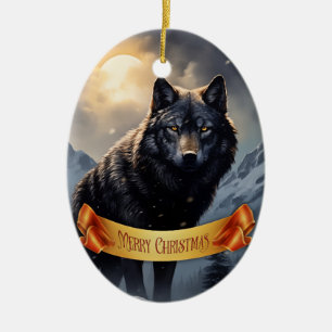 Black Wolf in Snowy Mountains Ceramic Ornament