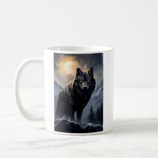 Black Wolf in Snowy Mountains Coffee Mug
