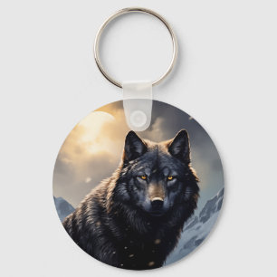 Black Wolf in Snowy Mountains Keychain