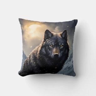 Black Wolf in Snowy Mountains Throw Pillow