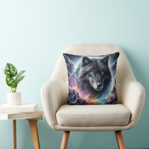 Black Wolf Lightning Storm Celestial Wildlife Throw Pillow