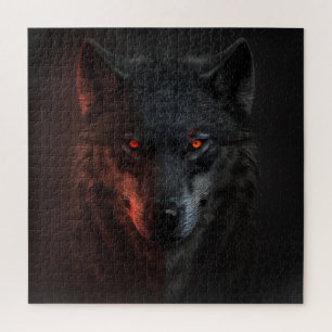 Black wolf puzzle with piercing red eyes