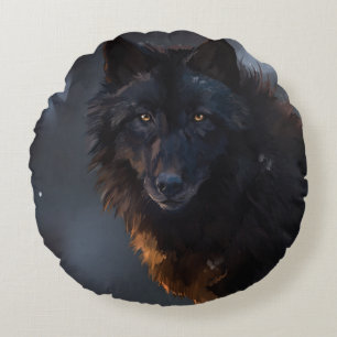 Black wolf round pillow