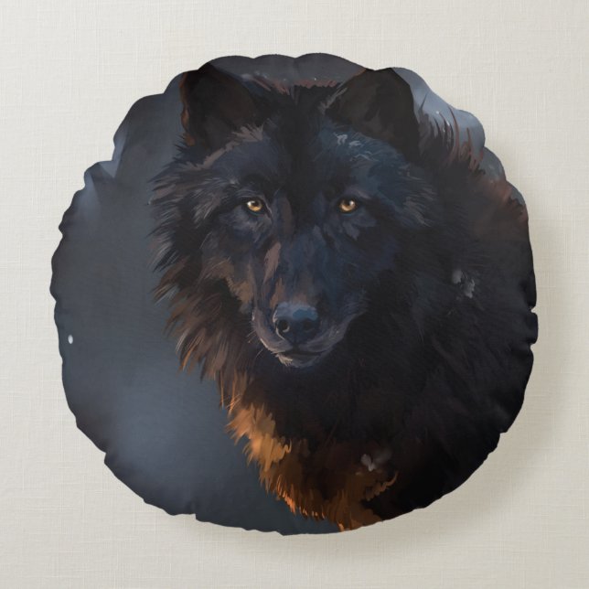 Black wolf round pillow (Front)