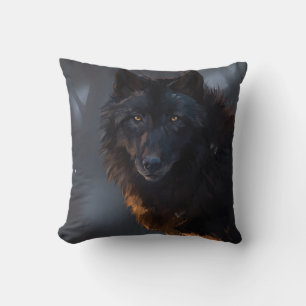 Black wolf throw pillow