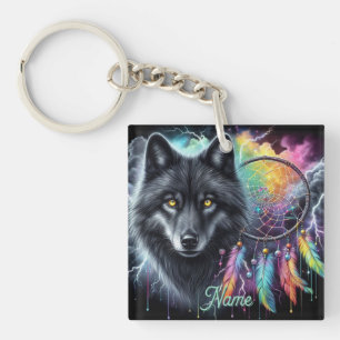 Black Wolf with a Dreamcatcher Keychain