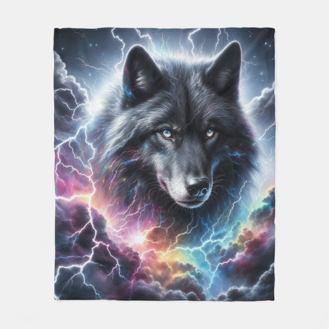 Black Wolf with Lightning Fleece Blanket (Front)