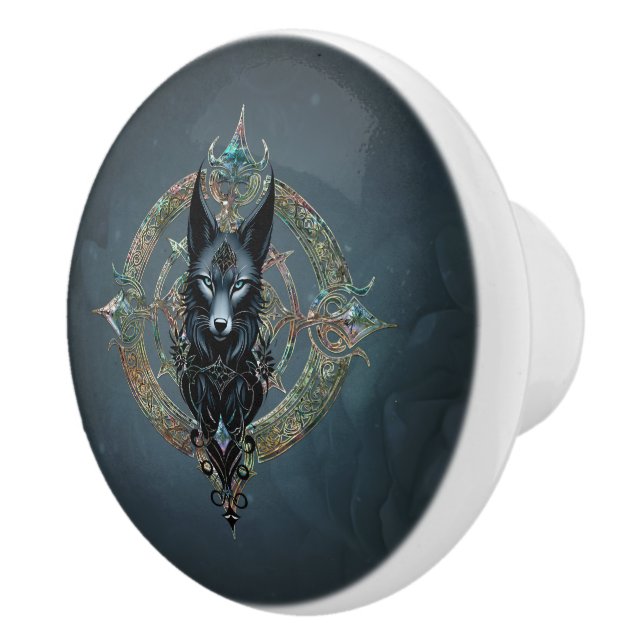 Black wolfs head with piercing blue eyes,  ceramic knob (Right)