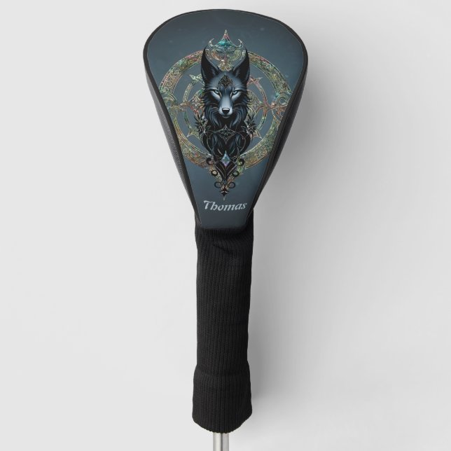 Black wolfs head with piercing blue eyes golf head cover (Front)