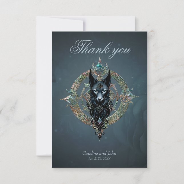 Black wolfs head with piercing blue eyes thank you card (Front)