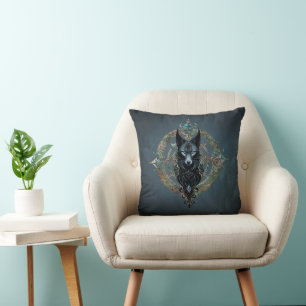 Black wolfs head with piercing blue eyes throw pillow