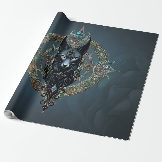 Black wolfs head with piercing blue eyes,  wrapping paper (Unrolled)