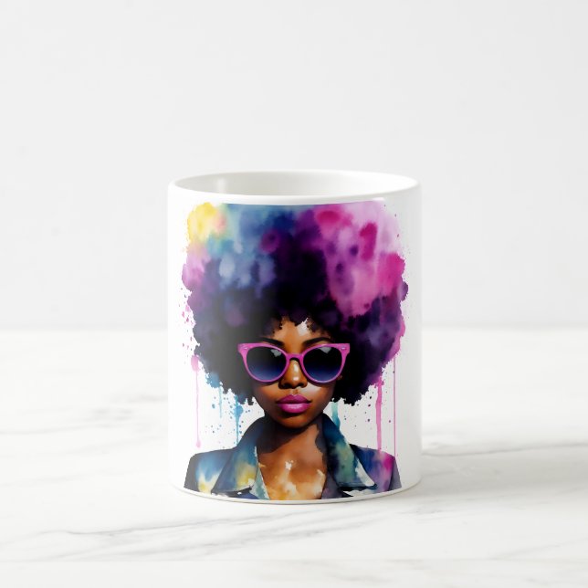 Black Woman Afro Rainbow Hair Sunglasses Art Coffee Mug (Center)