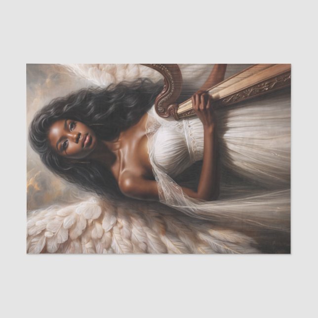 Black Woman Angel Holding Harp Tissue Paper (Front)