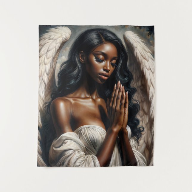Black Woman Angel Praying Art Tapestry (Front)