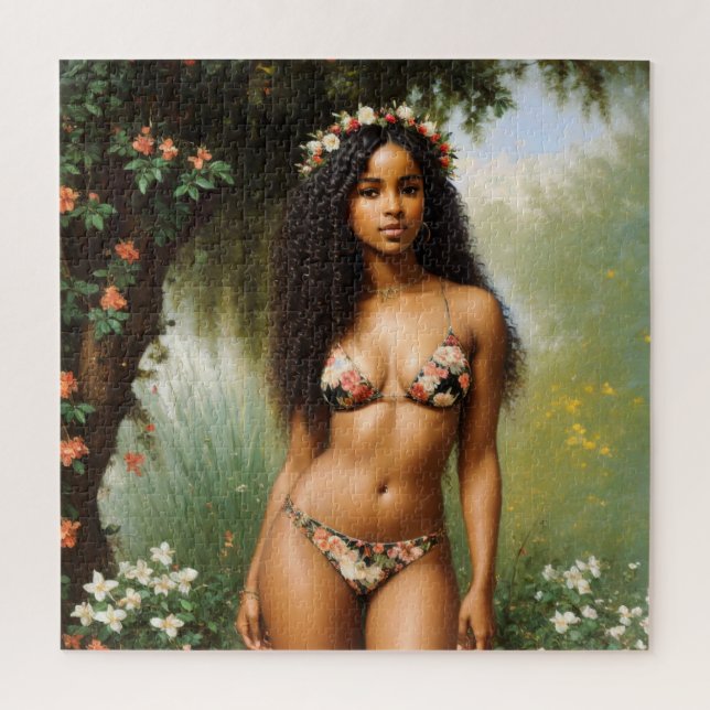 Black Woman Bikini Model Floral Beauty Jigsaw Puzzle (Vertical)