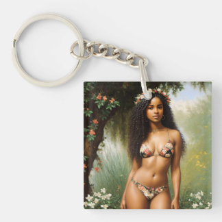 Black Woman Bikini Model Floral Beauty Keychain