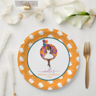 Black Woman, Birthday Balloons & Flowers, Orange Paper Plate