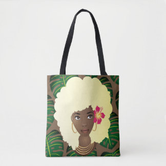 Black Woman, Blonde Afro, Green Leaves, Brown Tote Bag