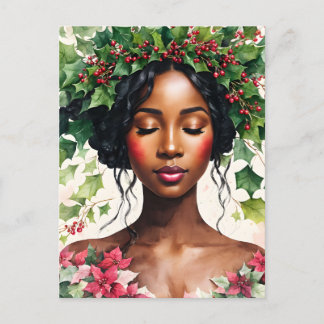 Black Woman Christmas Holly Poinsettia Art Holiday Postcard
